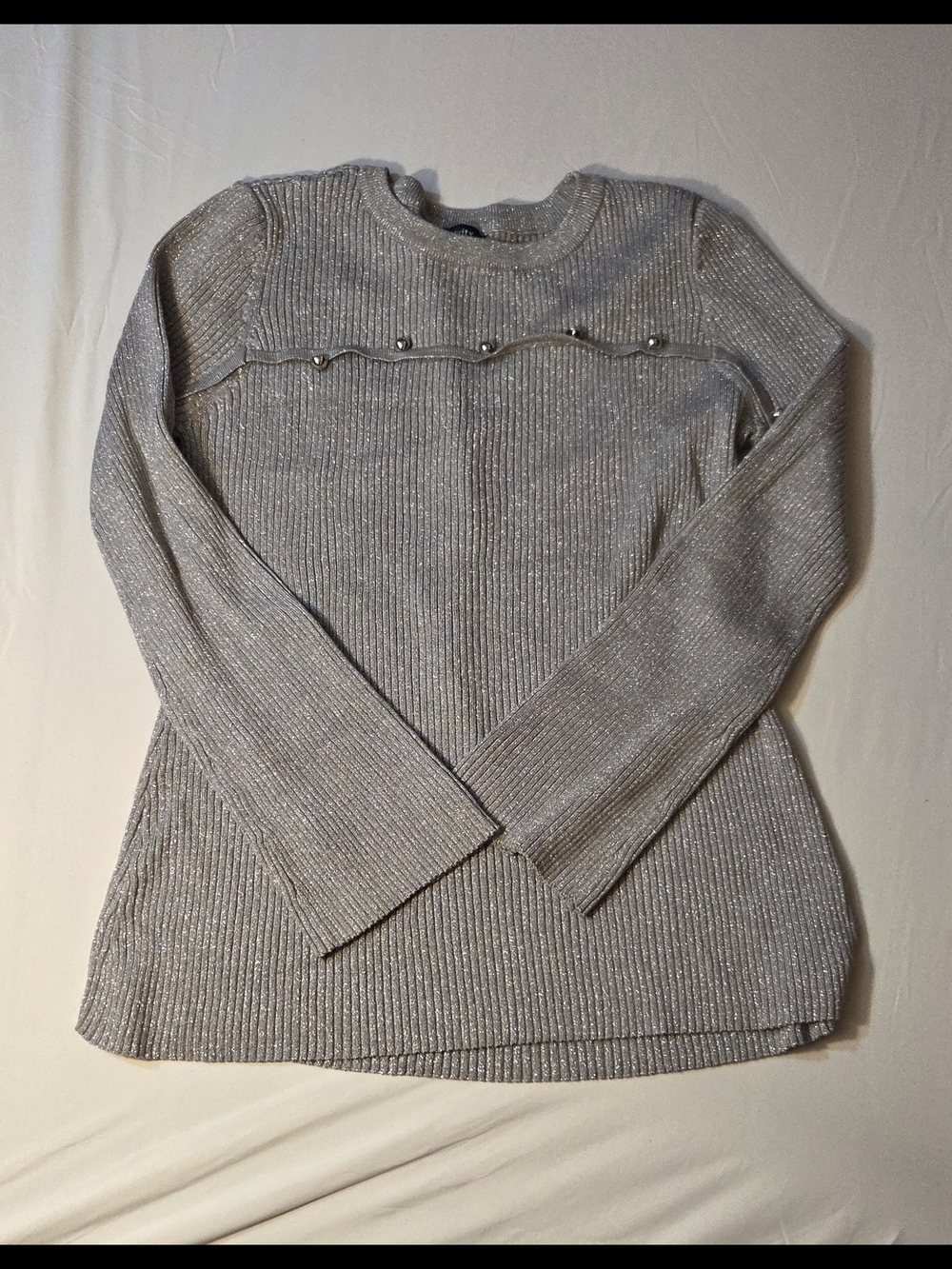 Relativity Womens Metallic Silver Ribbed Crew Sweater  EUC Size XL